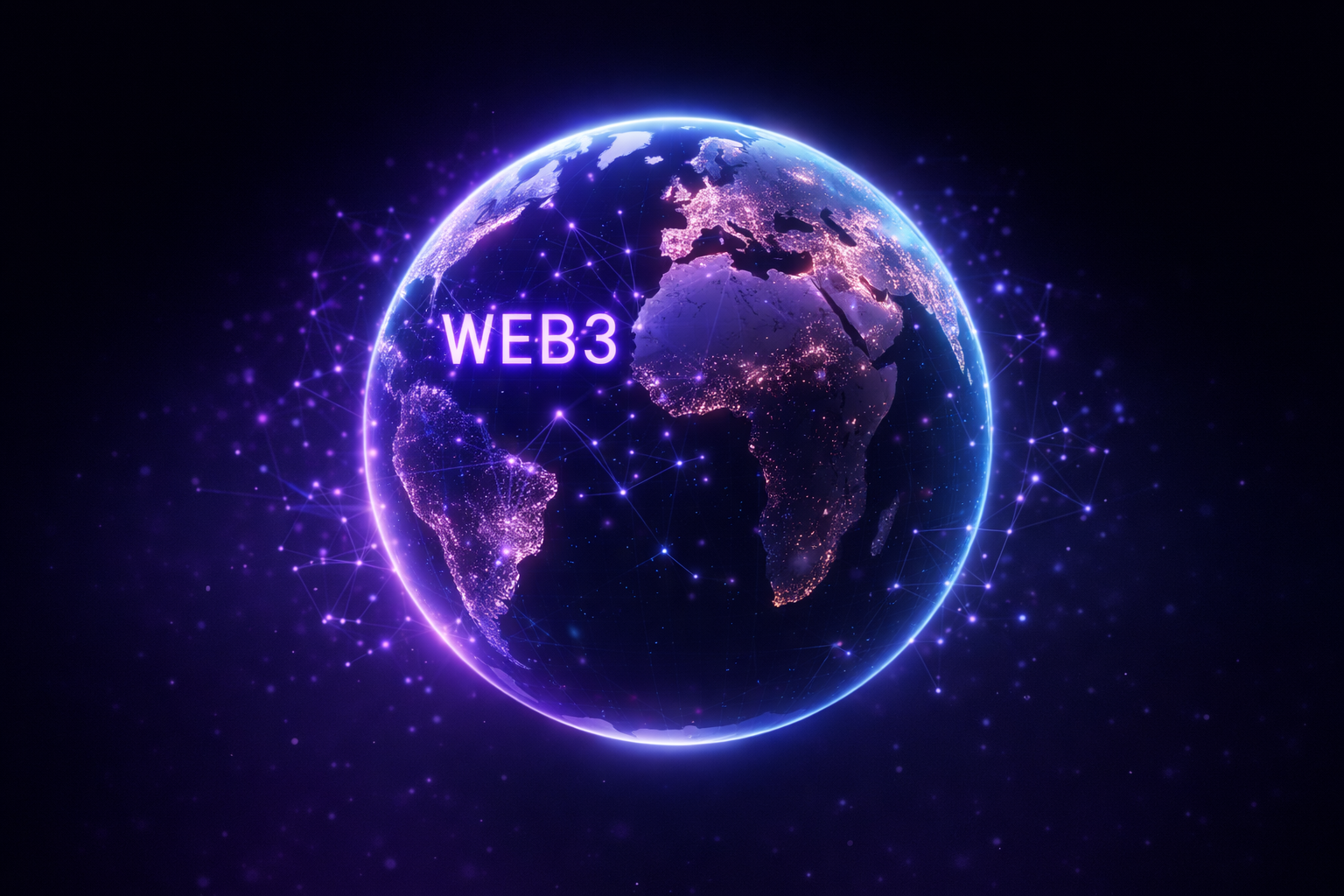 Futuristic Web3 digital globe with glowing blockchain network connections on a dark purple background